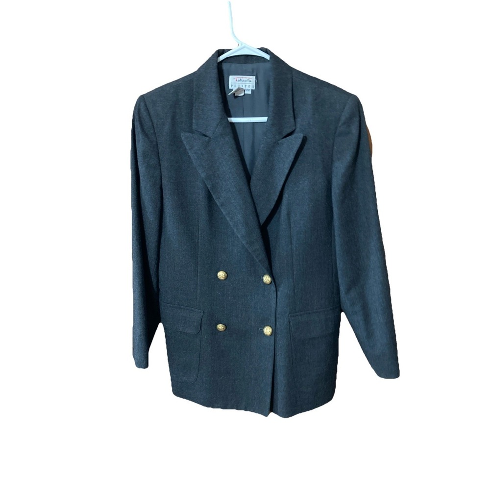 Talbots Worsted Wool Blazer Sz 12P Gray Gold Buttons Double Breasted Vtg